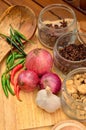 Cooking ingredients. Spice and herbs with onion and garlic on wooden board Royalty Free Stock Photo