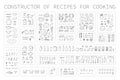 Cooking instruction icons of different food utensils and appliances for kitchen. Step guide constructor set line art Royalty Free Stock Photo