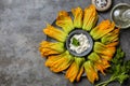 Cooking Italian appetizer. Ingredients. Raw Zucchini Flowers, ricotta cheese Royalty Free Stock Photo