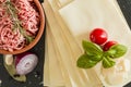 Cooking italian food pasta lasagne bolognese ingredients Royalty Free Stock Photo