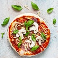 Cooking Italian pizza with tomato sauce, fresh tomatoes, cheese, mushrooms, salami slices and basil . Royalty Free Stock Photo