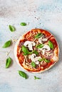 Cooking Italian pizza with tomato sauce, fresh tomatoes, cheese, mushrooms, salami slices and basil . Royalty Free Stock Photo