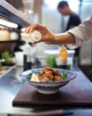 Cooking japanese katsudon rice with fried chicken, japanese food