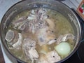 Cooking kholodec. Jellied meat - gorgeous home appetizer under a glass of vodka. Natural food. Closeup.