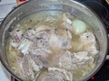 Cooking kholodec. Jellied meat - gorgeous home appetizer under a glass of vodka. Natural food. Closeup.