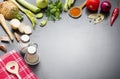 Cooking in the kitchen food background concept with spices vegetables ingredients and free copy space Royalty Free Stock Photo