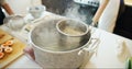 Cooking, kitchen and Japanese noodles in pot in boiling water for lunch, meal preparation and dinner. Food, cuisine and Royalty Free Stock Photo