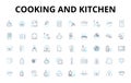 Cooking and kitchen linear icons set. Whisk, Grate, Bake, Saute, Simmer, Boil, Roast vector symbols and line concept