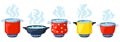Cooking kitchen pots. Cartoon boiling saucepan, cooking soup boiling on gas stove. Boiling steamed water vector