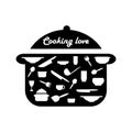 Cooking, kitchen sticker. Kitchen utensils icon or logo. Lettering Cooking love. Vector illustration