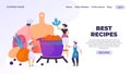 Cooking landing page. Professional chef cartoon character preparing dinner, restaurant culinary website. Vector cooking
