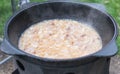 Cooking in a large cauldron in nature Royalty Free Stock Photo