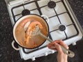 Cooking large fresh prawns in a bowl. Cooked fresh giant prawns, top view