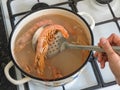 Cooking large fresh prawns in a bowl. Cooked fresh giant prawns, close up