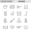 Cooking line icon set. Vector collection with pan, scales, cookbook, dish, knife, cutting board, potholder, toque. Editable stroke Royalty Free Stock Photo