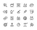 Cooking line icons. Pan pot kitchen utensils and cooking processes, boiling frying mixing and cutting. Vector food