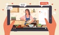 Cooking Live Streaming. Hands hold tablet with video, blogger prepares meal online, woman cooks homemade food, apps