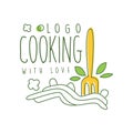 Cooking with love logo design with illustration of fork in pasta. Abstract line art drawing of homemade noodles. Hand