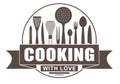 Cooking with love round vector design for your logo or emblem with banner and silhouettes of cooking utensils and kitchenware Royalty Free Stock Photo