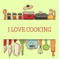 Cooking love shelf equipment vector kitchenware or cookware for food with kitchen utensil cutlery and plate illustration Royalty Free Stock Photo