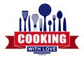 Cooking with love vector design for your logo or emblem with red banner and silhouettes of cooking utensils and kitchenware Royalty Free Stock Photo