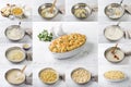 Cooking Mac and cheese, American pasta in cheese sauce, collage, step by step, do it yourself, ingredients, cooking