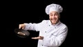 Chef Holding Frying Pan With Steak On Black Background, Panorama