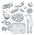 Cooking meat steak, sketch illustration. Restaurant, steak house menu design elements.