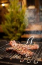 Cooking meat steaks on the fire on the grill at night outside. defocus. smoke Royalty Free Stock Photo