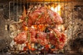 Cooking meat steaks on the fire on the grill at night, top view Royalty Free Stock Photo