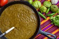 Cooking Mexican green sauce, salsa verde asada, flat lay Royalty Free Stock Photo