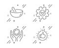 Cooking mix, Employee hand and Cogwheel icons set. Like hand sign. Bowl, Work gear, Engineering tool. Vector