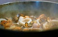 Cooking mussels, prawns and crabs on a pan. Close-up view of sea food in a frying pan. Tranditional cooking