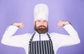 Cooking is my power. Confident bearded strong chef white uniform. Try something special. My secret tips culinary