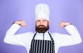 Cooking is my power. Confident bearded strong chef white uniform. Try something special. My secret tips culinary