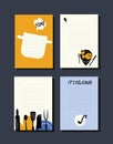 Cooking notes. Set of templates with illustration of kithcen utensils and food. Royalty Free Stock Photo