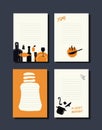 Cooking notes. Set of templates with illustration of kithcen utensils and food. Royalty Free Stock Photo