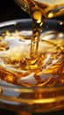 Cooking oil delicately cascades into a glass bowl in a captivating closeup