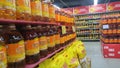 Cooking oil is displayed and sold in supermarkets. This is the golden arowana oil sold in renrenle supermarket landscape. In shenz