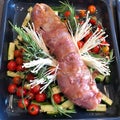 Cooking with only one baking sheet with new dialog oven. Tomatoes, zucchini, fungi and meat on one tray, cooking coincidently.