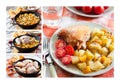 Cooking one-pot meal - chicken thighs and legs with potatoes and pumpkin baked in cast-iron pan Royalty Free Stock Photo