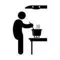 Cooking Over Stove Stick Figure. Black and white pictogram depicting man cooking over in pot over fire stove with vent on top. Royalty Free Stock Photo