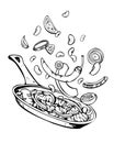 Cooking pan with food ingredients. Frying vegetables and meat. Hand drawn outline vector sketch illustration isolated