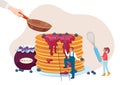 Cooking pancake at kitchen, vector illustration, flat tiny man woman character near homemade flapjack stack, huge hand