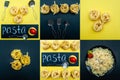 Cooking pasta concept, pasta in different forms,