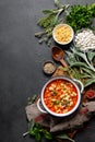 Cooking pasta e fagioli soup with chicken meat and vegetables, italian cuisine Royalty Free Stock Photo