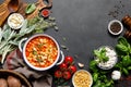 Cooking pasta e fagioli soup with chicken meat and vegetables, italian cuisine Royalty Free Stock Photo