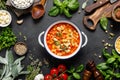 Cooking pasta e fagioli soup with chicken meat and vegetables, italian cuisine Royalty Free Stock Photo