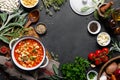 Cooking pasta e fagioli soup with chicken meat and vegetables, italian cuisine Royalty Free Stock Photo