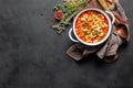 Cooking pasta e fagioli soup with chicken meat and vegetables, italian cuisine Royalty Free Stock Photo